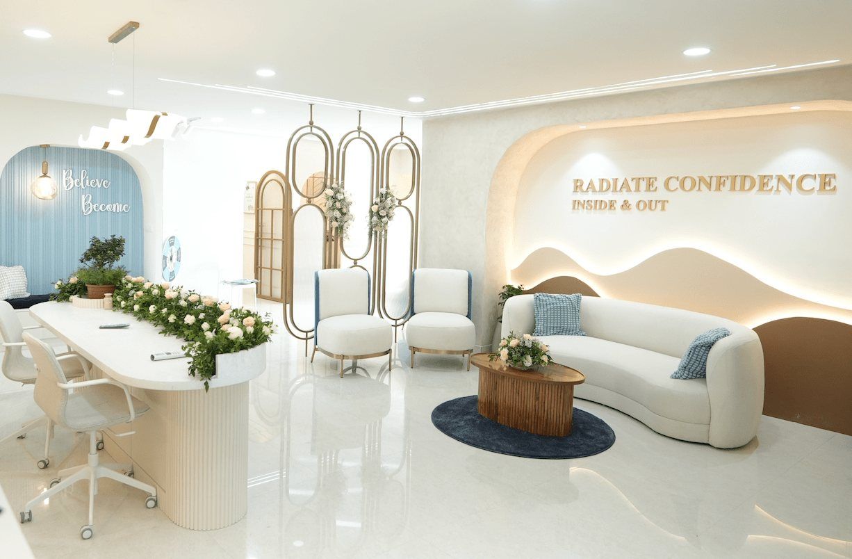 Waiting lounge with a 'Radiate confidence' sign